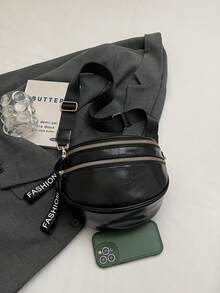 1个时尚双拉链腰包，女士仿皮斜挎包，带宽肩带 - 黑色 - 查看 7