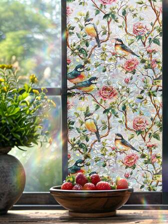 1 rollo/45CM * 100CM Película decorativa de ventana con estilo retro de flores y ramas de luna creciente de colores, adhesivo electroestático y semi-transparente, aislamiento térmico y protección solar, apto para decoración del hogar, puertas de vidrio, ventanas y paredes