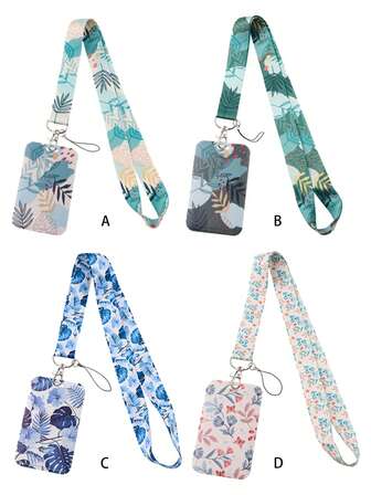 1pc Sketched Ditsy Floral Pattern Lanyard Card Holder, Hard Case For Bus Card, ID Card, Work Card, Student Card, Exhibition Card, Event Pass,School Supplies,Back To School