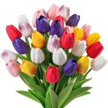 Colorful Artificial Tulip Flower Bouquet, Placed In Glass Vase - Vivid Polyurethane Fake Flowers, Perfect For Valentine's Day Home Decor, Realistic And Durable, No Battery Needed, Floral Decoration