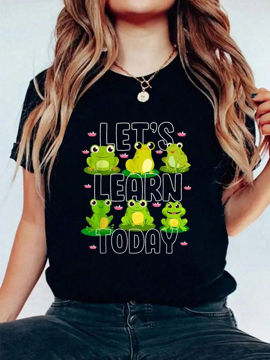 Moderna camiseta con gráfico "Let's Learn Today" de manga corta y cuello redondo de algodón negro de 180 g para mujer - Camiseta informal con estampado de rana linda - Top perfecto para todos los días - Negro - Ver 1