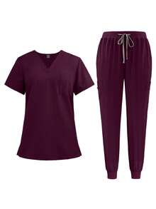 Damen Scrubs Set - V-Ausschnitt Oberteil & Jogginghose mit elastischem Bund und 3D Großen Taschen Anti-Rutsch