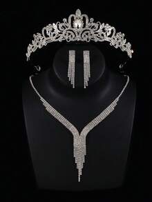 4pcs Kids Princess Necklace Set, Crystal Crown Necklace Set, Luxury Children Party Headpiece, Bridal Wedding Accessories Suitable For Gift, Party, Dance Events - Silver - View 1