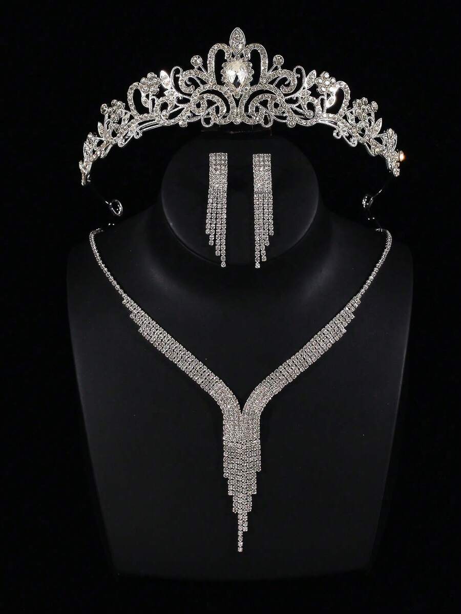 4pcs Kids Princess Necklace Set, Crystal Crown Necklace Set, Luxury Children Party Headpiece, Bridal Wedding Accessories Suitable For Gift, Party, Dance Events - Silver - View 1