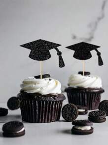 24 pièces Décorations de petit gâteau graduations en forme de toque noire et or pailleté - fournitures de décoration de petit gâteau pour fête de graduation