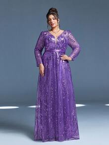 Mgiacy New Arrival V Neck Dark Purple Plus Size Evening Gown Dress Sequin Belt Mesh Long Dress