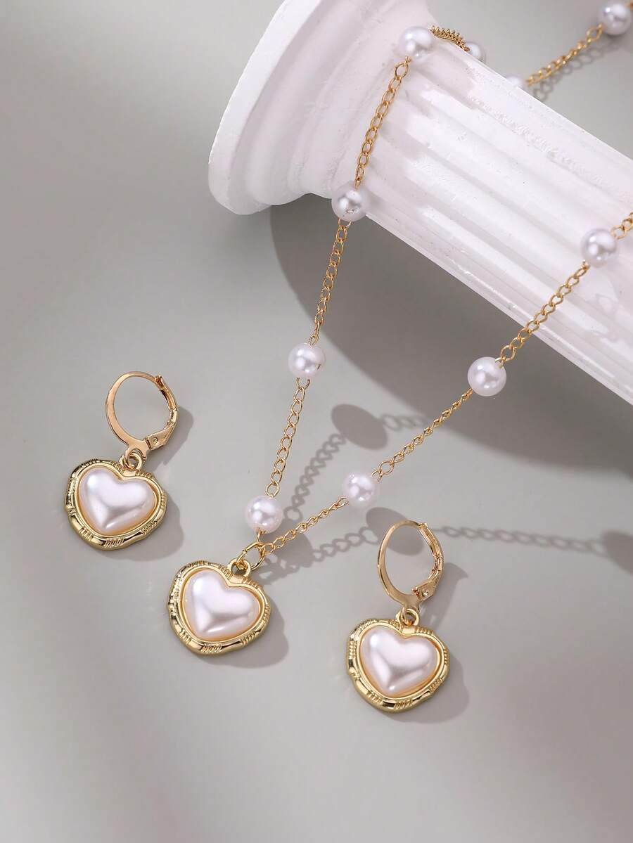 3pcs/Set Girls Pearl Shell, Star, Heart Necklace And Earrings Set - Multicolor - View 1