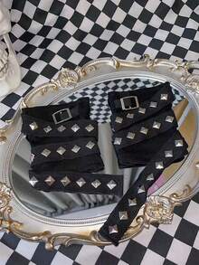 1 Pair Y2K Rivet Fingerless Gloves, Style Punk Goth Dance Performance Outfit Half Finger Gloves - Black - View 3