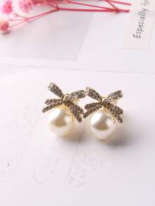2pcs Faux Pearl & Rhinestone Bowknot Ear Clips, High-End Non-Pierced Earrings Wholesale Valentines - Gold - View 4