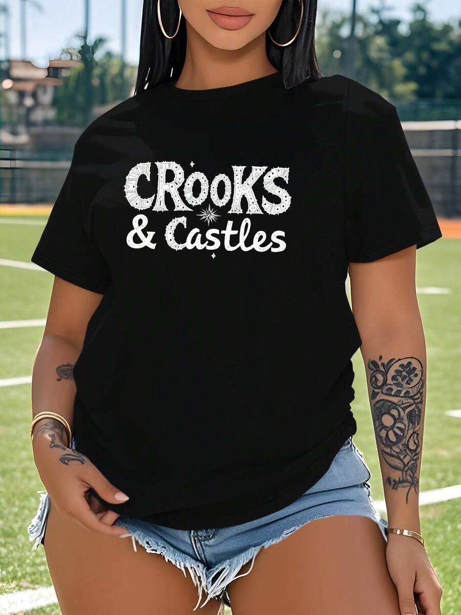 CROOKS Castles Design  Women's Plus Size Sports Short Sleeve Casual T-Shirt - Black - View 1