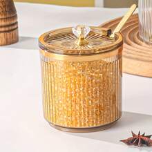 1 件优雅欧式调味罐套装带勺 - 防锈聚丙烯，透明金色装饰，适用于盐、糖和香料，厨房必备储物，香料收纳盒 | 透明设计 | 装饰盖，香料罐