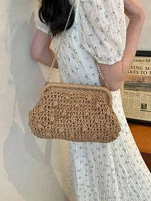 1pc Crease Woven Handbag, Solid Color Hand-Woven Straw Clutch Bag, 2025 Summer New Beach Vacation Shoulder Bag - Khaki - View 4