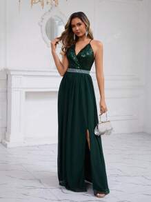 Vestido de cóctel elegante y romántico para dama de honor con escote en V, cintura con cuentas, malla con lentejuelas, espalda descubierta y abertura, vestido amplio