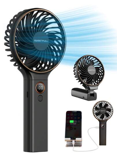 sweetfull Handventilator, tragbarer Lüfter, 6-Stufen-Lüfter, LED Display Bildschirm, persönlicher Mini-Reiselüfter mit Backup Stromversorgung, USB faltbarer elektrischer Ventilator für Frauen