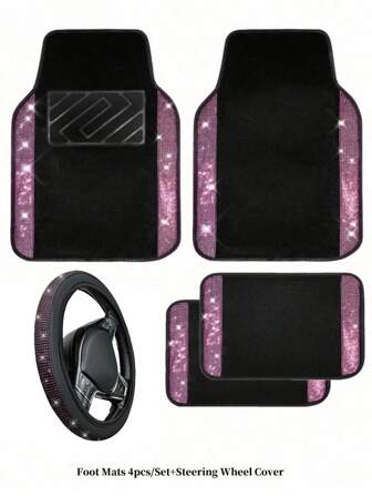 5 件/4 件/1 件闪亮钻石汽车脚垫，闪亮水钻地毯闪亮水晶配防滑 PVC 鞋跟垫防水通用适合汽车 SUV、轿车、面包车、可爱女孩女士，5 件（脚垫 + 方向盘套）套装，4 件闪光钻石地毯，1 件驾驶员座椅脚垫，1 件乘客座椅脚垫，1 件后排座椅脚垫，1 件方向盘套，汽车内饰配件，通用全天候防护地毯。