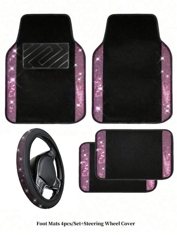 5PCS/4PCS/1pc Bling Diamond Car Floor Mats, Shining Rhinestone Carpet Sparkly Glitter Crystal With Anti-Slip PVC Heel Pad Waterproof Universal Fit Automotive SUV,Sedan,Van,Cute Girl Women,5pcs(Floor Mats + Steering Wheel Cover)Set,4pcs Sparkle Glitter Diamond Carpet,1pc Driver's Seat Floor Mat,1pc Passenger Seat Floor Mat,1pc Rear Seat Floor Mats,1pc Steering Wheel Cover,Car Interior Accessories,Universal Fit All Weather Protection Carpet.