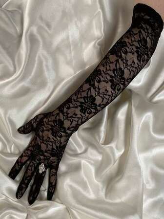 زوج من القفازات السوداء بتصميم زهري من الدانتيل، ديكور يد للعروس والزفاف، مناسب لحفلة العروس وديكور الزفاف وإكسسوارات الخريف