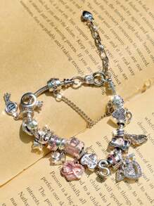 1 pieza Pulsera con dije de corazón de cristal lindo, dije de corazón de gato y letra, pulsera de cuentas DIY, pulsera de estilo coqueto de alta calidad como regalo para amigos
