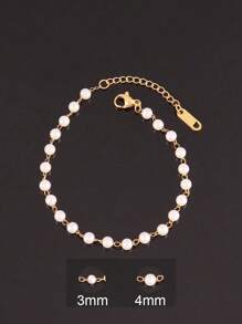 1 pièce Bracelet en acier inoxydable 3/4mm avec de fausses perles blanches pour femmes. Bijou avec chaîne de perles simples et mode (le nombre de perles est aléatoire)