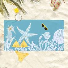 1PC Blue Starfish Printed Beach Towel, Ultra-Fine Fiber, Quick Drying Sand Free, Bright Stripes, Suitable For Travel, Yoga, Camping, Swimming, Bathroom, Living Room, Bathroom Towels, Camping Equipment, Essential For The Beach Beach Essentials - Blue - View 2