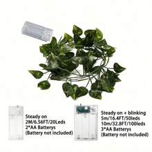 1pc 6.56ft/16.4ft/32.8ft LED Vine Fairy Lights, Leaf Decor Lights, Outdoor Green Leaf Lights, Artificial Flower Wreath With Lights, Green Leaf Garland Hanging Lights For Wall, Party, Wedding, Room, Kitchen, Indoor And Outdoor Decor