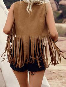 Women Rivet Tassel Vest Open Front Sleeveless Faux Suede Vest Jacket Hippie Costumes - Coffee Brown - View 6