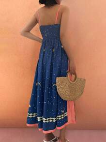 فستان نسائي أنيق وعصري للربيع والصيف، بتصميم نجمي أبيض وحصان ذو نمط ماسي ذو لونين، بحمالات رفيعة وياقة حلقية بدون أكمام، طول متوسط