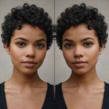 Short Elfin Cut Human Hair Wig For Women Short Afro Curly Wave Human Hair Wig With Bangs Remy Peruvian Human Hair Wig Rose Net Full Machine Made Nature Color Human Hair 4inch 180% Density Holiday Wear Party Wear