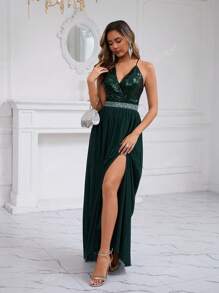 Vestido de cóctel elegante y romántico para dama de honor con escote en V, cintura con cuentas, malla con lentejuelas, espalda descubierta y abertura, vestido amplio