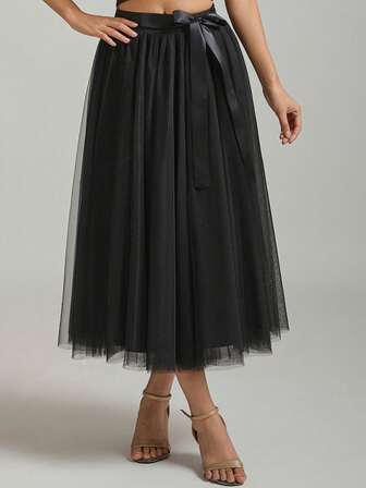 1 Pc Midi Length Soft Tulle Skirt With Removable Ribbon For Party Cosplay Halloween White Black Green Dusty Pink Valentine's Day Valentines