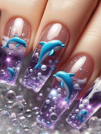 Uñas postizas de estilo francés de colores multicolor con forma de ballet de longitud media y larga, uñas con diseño de medusas y delfines, diseño de moda con estilo oceánico, pegatinas de arte de uñas postizas de cobertura total, suministros de decoración de uñas con peces. Adecuado para damas de oficina, fiestas y uso diario. Pegatinas de arte de uñas postizas de cobertura total + 1 frasco de gel + 1 lima de uñas. Decora tus uñas y mejora tu gusto por la moda. Uñas postizas