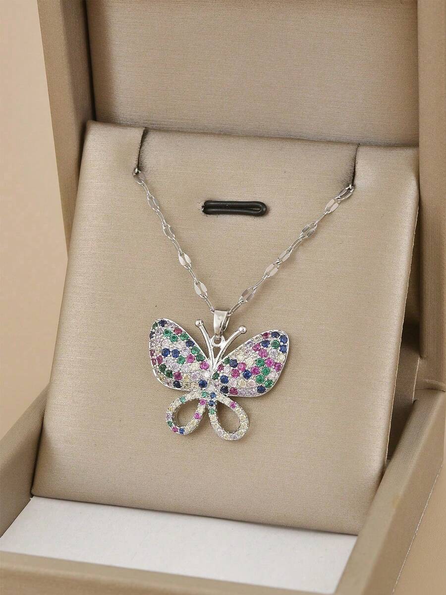 1pc Stainless Steel Necklace With Asymmetrical Zirconia Butterfly, Luxury Gift For Women - Silver - View 1