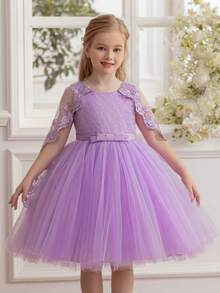 Young Girl Lace Splice Mesh Capelet Dress, Elegant Princess Style Dress For Easter Party, Suitable For Girls Birthday Party, Flower Girl Wedding Dress, Prom Dance Festival Celebration Gown - Mauve Purple - View 2