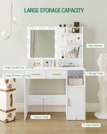 Hzuaneri Tocador con espejo, brillo regulable, tocador con 2 cajones y 1 armario, 3 estantes y 4 compartimentos abiertos, blanco