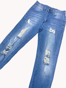 1pc Men's Slim Fit Stretchy Distressed Ripped Casual Cargo Pants, Street Style Breathable Thick Solid Color Jeans Suitable For City Walking, Parent-Child Outdoor Activities, All Season - Light Wash - View 4