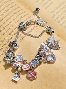 1 pieza Pulsera con dije de corazón de cristal lindo, dije de corazón de gato y letra, pulsera de cuentas DIY, pulsera de estilo coqueto de alta calidad como regalo para amigos