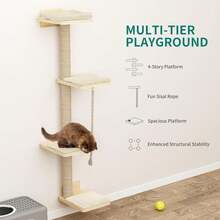 7PCS Wall Mounted Cat Climbing Shelves, Wooden Cat Wall Furniture, Cat Climbing Tree With 3 Scratching Posts/4 Steps Cat Stairway/Hammock/Cat Bed, Cat Tree Wall Mounted With 4 Platforms - 7 件 - 查看 6