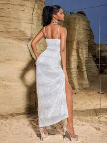 Sequins Criss-Cross Backless Slit Bodycon Evening Gown, Formal, Party Dress, For Wedding Guest - White - View 2