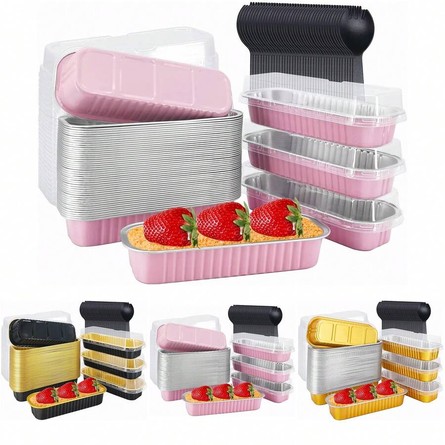 10 套（10 把勺子 +10 把盖子 +10 把盒子，加起来 30 件）迷你面包盘带盖和勺子矩形铝箔烤盘迷你芝士蛋糕容器，多功能大容量糕点盒，适用于烧烤、奶酪、红薯、寿司、甜点 - 非常适合家庭、餐厅、厨房、派对、婚礼、毕业典礼、圣诞节、万圣节、复活节、感恩节、情人节、