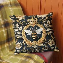 1pc Bee Festival Vintage Series Black Background White Wing Bee Printed Pillow Case [No Pillow Insert], 17.7*17.7in(45*45cm), [Single-Sided Printing] Minimalist Modern Polyester Cushion Cover, Room Decor, Home Decor, Bedroom Decor, Room Decoration Stuff For Sofa, Bed, Living Room, Bedroom, Car, Office, Hotel Decoration, Throw Pillow Covers, Suitable For All Seasons, Perfect Gift For Family And Friends