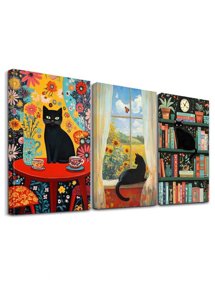 3 件迷人的房间墙壁艺术装饰，猫咪画作，书架艺术印刷品，蝴蝶帆布印刷墙壁艺术，查看墙壁装饰，花卉现代家居装饰，墙壁艺术，房间美学，海报，理想礼物，可选框架 - 3件/套 - 查看 1