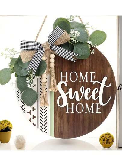 Nuevo letrero de madera "Sweet Home" con decoración de lazo a rayas, colgante de pared, decoración del hogar de primavera
