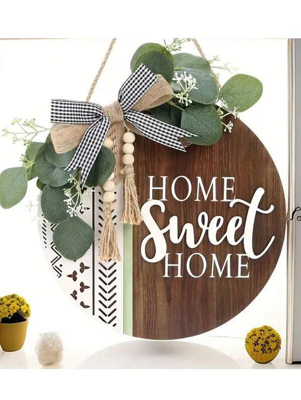 Neues hölzernes "Sweet Home" Dekorschild mit Streifen und Schleife, zum Aufhängen an der Wand, Frühlings-Heimdekoration