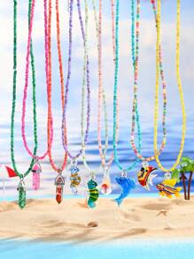 1pc Fashionable Multi-Color Beaded Necklace With Ocean Theme Hexagon, Mushroom, Glass Pendant, Suitable For Valentine's Day, Couple, Best Friends, Family Party, Gift, Beach, Daily Wear For Women