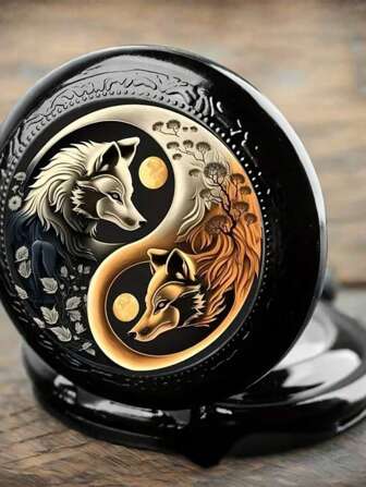 Vintage Yin Yang Wolf Design Quartz Pocket Watch, Black Alloy Case With Chain - Ideal Teenage Gift, Watch Collection | Yin Yang Pattern | Metal Chain