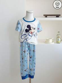 2 pièces/Set Pyjama enfant avec Top à manches courtes col rond et pantalon long, design combinaison spatiale mignon Mickey Mouse