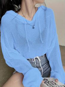 Plus Size Women's Elegant Knit Pullover Sweater With Drawstring, Loose Fit Long Sleeve Solid Color Hoodie, European Style, Suitable For Spring And Autumn