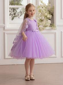 Young Girl Lace Splice Mesh Capelet Dress, Elegant Princess Style Dress For Easter Party, Suitable For Girls Birthday Party, Flower Girl Wedding Dress, Prom Dance Festival Celebration Gown - Mauve Purple - View 1