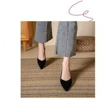 Red Single Shoes Pointed Toe Thin Heels New Suede Mid-Heeled Shallow-Mouth High Heels Women's Large-Size Women's Shoes - Black - View 3