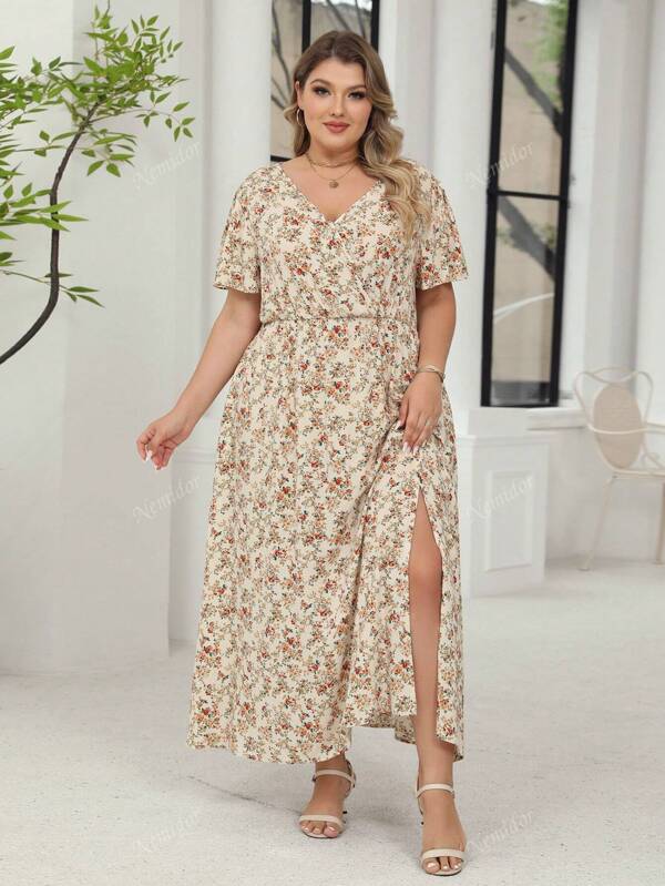 Nemidor Plus Size Women Floral Print Side Slit Hem Short Sleeve Vacation Dress